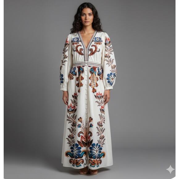 FARM Rio for Anthropologie Dresses & Skirts - Farm Rio Floral Tile Motif Maxi Long Sleeve Button Front Boho Dress Plus Sz 2X